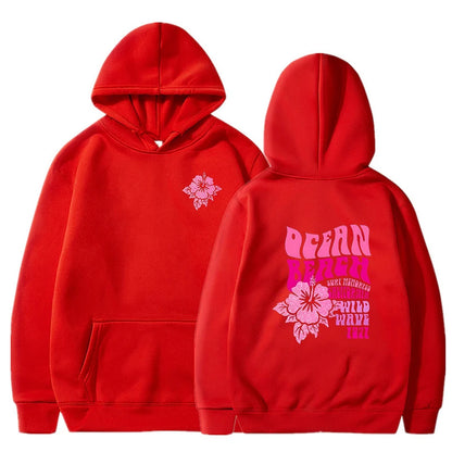 Women Fashion Casual Hoodies Ocean Beach Flower Slogan Front and Back Pink Sweatshirts Beach Aesthetic Pullover Trip Hoodie Tops