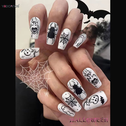 White False Nails With Spider Web Ghost Decor Lightweight And Easy To Stick Fake Nail For Manicure Lovers And Beauty Bloggers