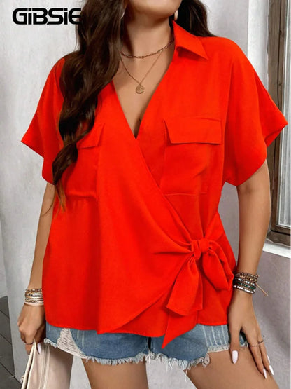 GIBSIE Plus Size Summer New V-Neck Tie Shirts Women Casual Loose Solid Color Tops Fashion Short Sleeve Office Female Blouses