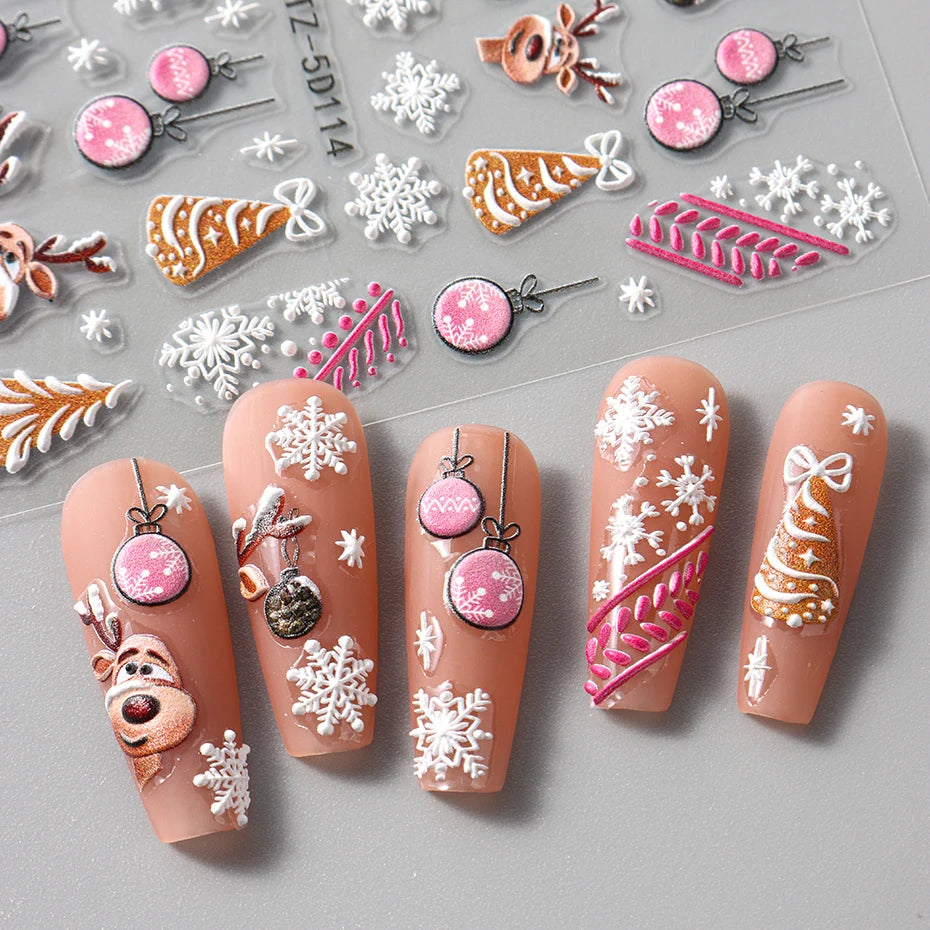 5D Christmas Nail Stickers Cartoon Elk Santa Claus Snowflakes New Year Sliders Festive Embossed Nail Art Decals Decoration