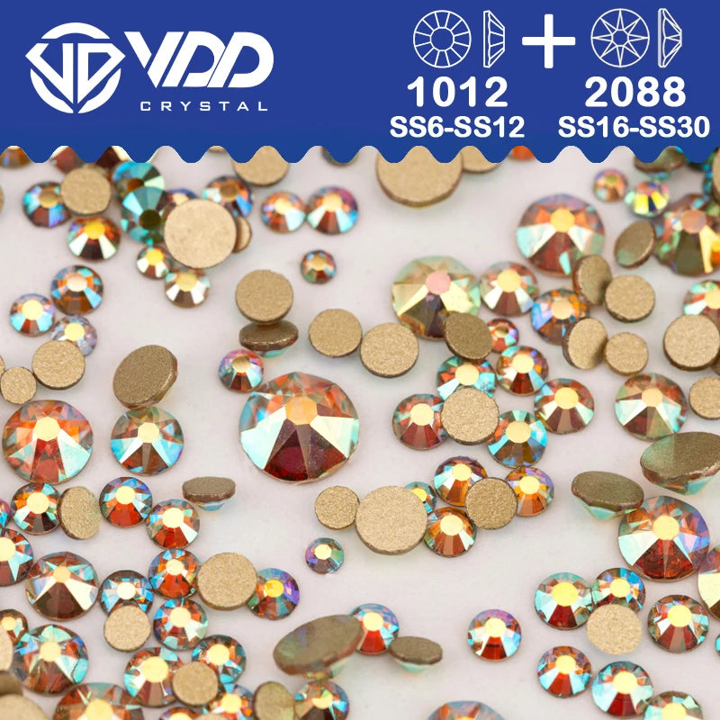 VDD Mix Size SS6-SS30 High Quality Glass 2088 Rhinestones Crystal Gold Flatback Strass Stones For Nail Art Crafts DIY Decoration