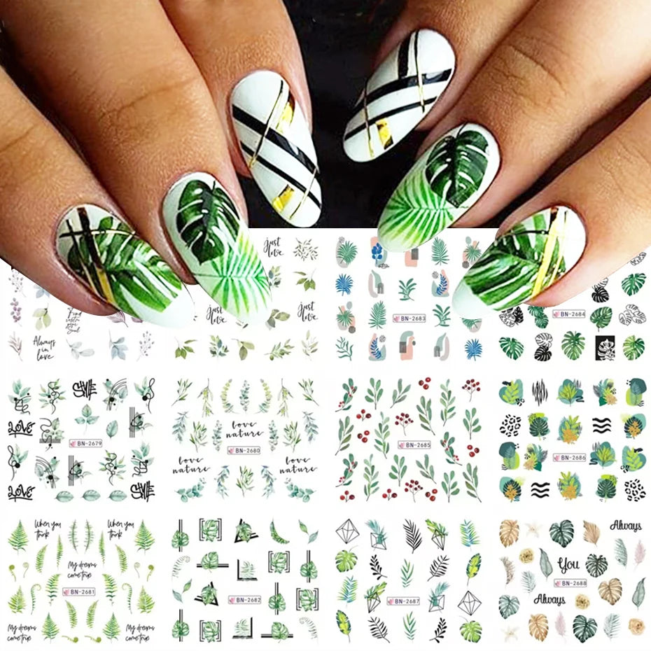 12pcs Green Palms Leaf Water Transfer Nail Sticker Summer Tropical Plants Decals Watermark Slider for Nail Art Decoration Tips