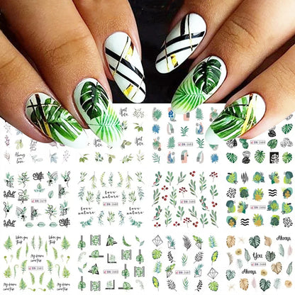 12pcs Green Palms Leaf Water Transfer Nail Sticker Summer Tropical Plants Decals Watermark Slider for Nail Art Decoration Tips