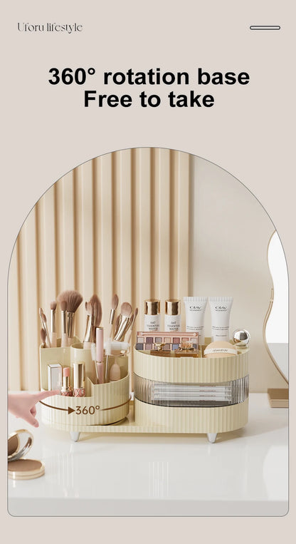 The Desktop Can Be Rotated Cosmetics Storage Box, Dresser Large Capacity Makeup Brush, Eyeshadow And Lipstick Compartment Shelf