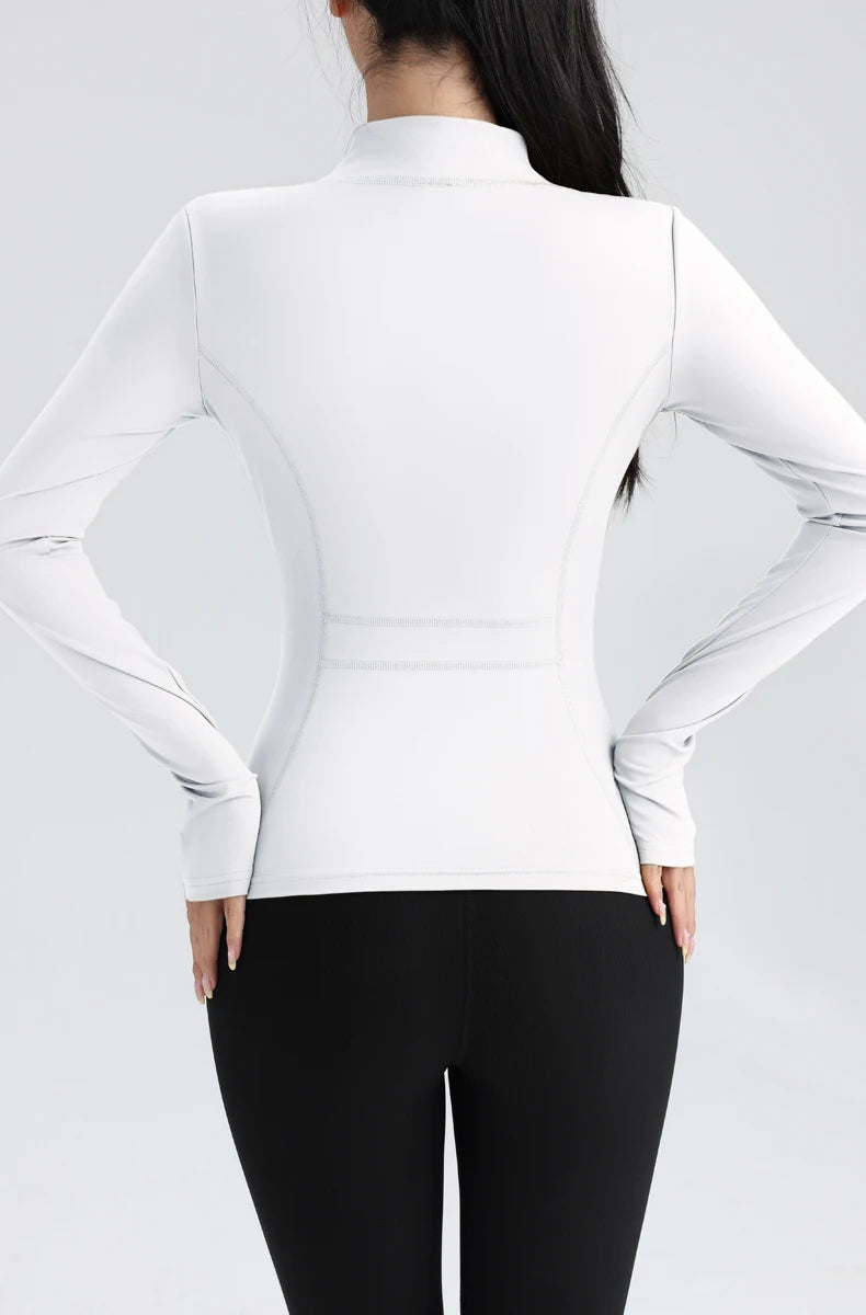 Gym Women's Full Zip Yoga Top With Thumbholes Fitness Running Jacket Stretch Fit Long Sleeve Round Neck Top Sportswear