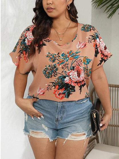 GIBSIE Plus Size Floral Print Holiday Boho Tops Women's Fashion 2024 Summer Short Sleeve Female Casual Loose O-Neck Blouses